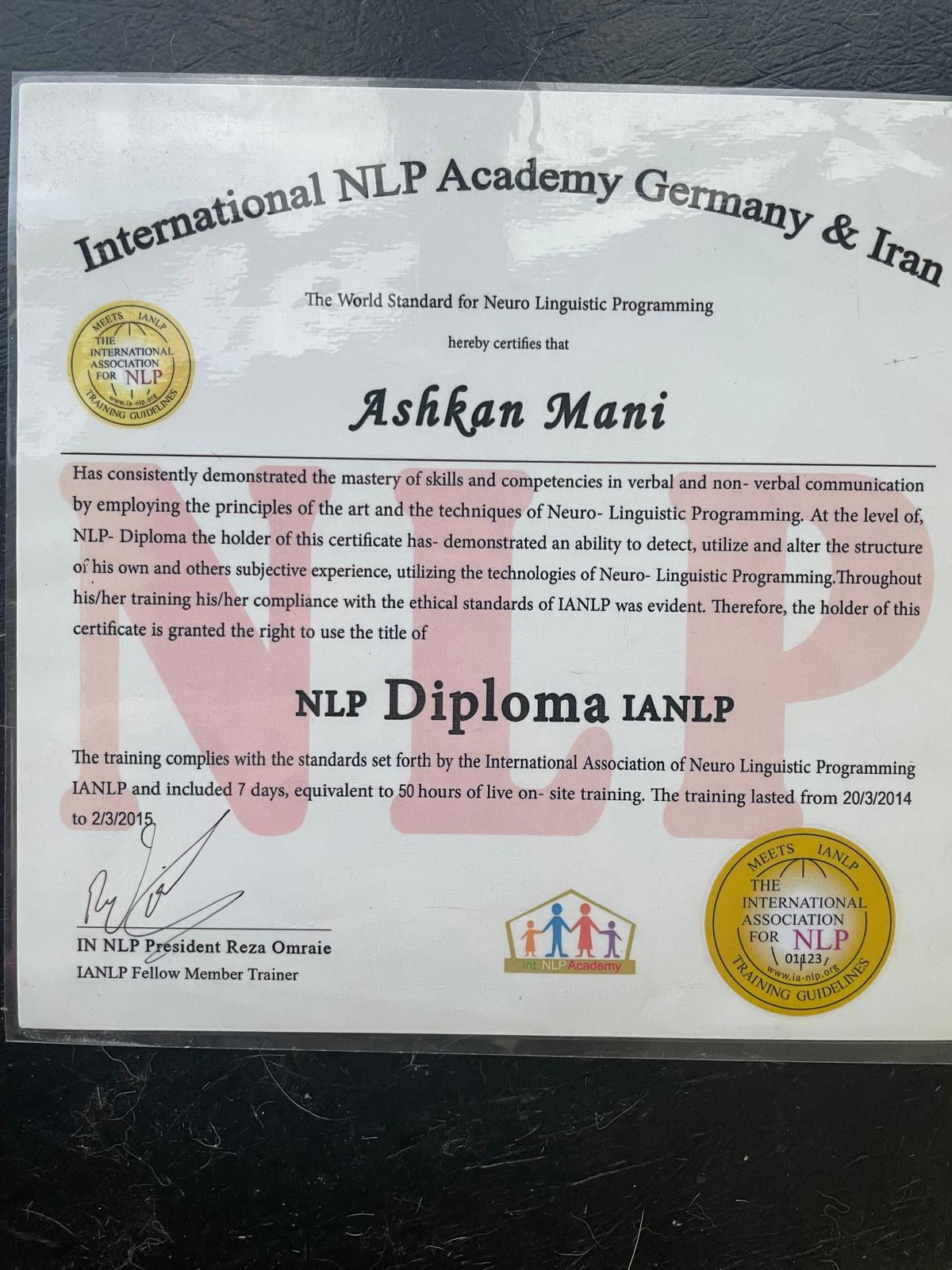 Certified Life Coach – Ashkan Mani | Mani Life Coaching by International NLP Academy (2015)